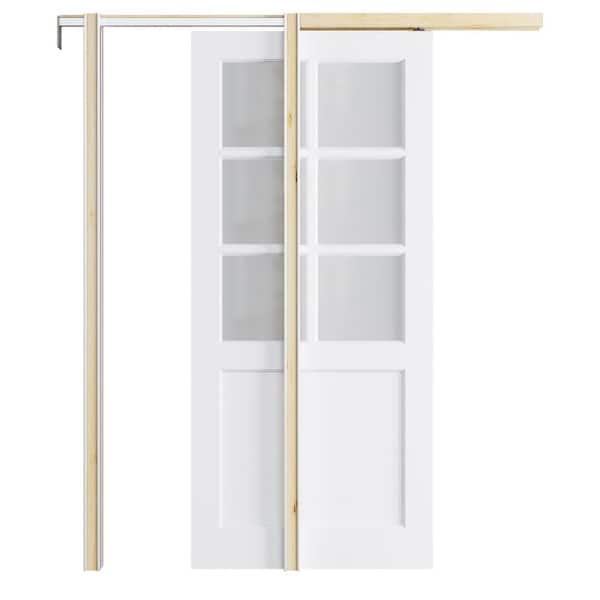 ARK DESIGN 36 in. x 80 in. 6-Lite Frosted Glass White Primed MDF Pocket Sliding Door with Pocket Door Hardware Set and Soft Close