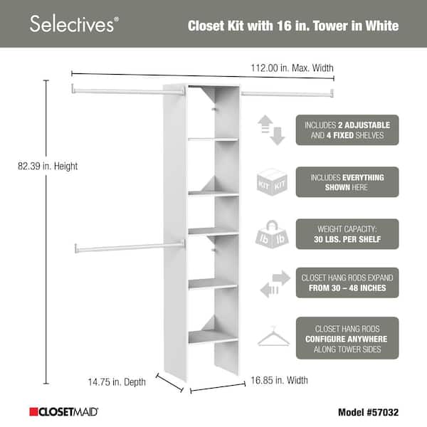 Selectives 48 in. W - 112 in. W White Reach-In Tower Wall Mount 6-Shelf Wood Closet System