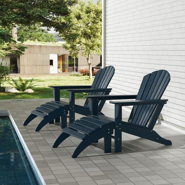 Mason Navy Blue 4-Piece Poly Plastic Outdoor Patio Classic Adirondack Fire Pit Chair Set With 2-Chairs and 2-Ottomans