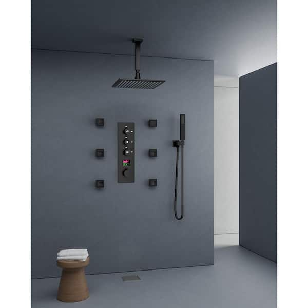 Thermostatic 7-Spray Ceiling Mount 12 in. Square Shower Head with 3-color LED and Valve in Matte Black