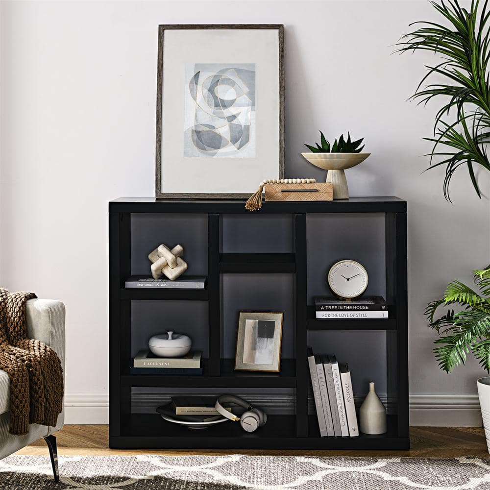 35.63 in. Tall Black Wood 7-Shelf Bookcase with Shelve