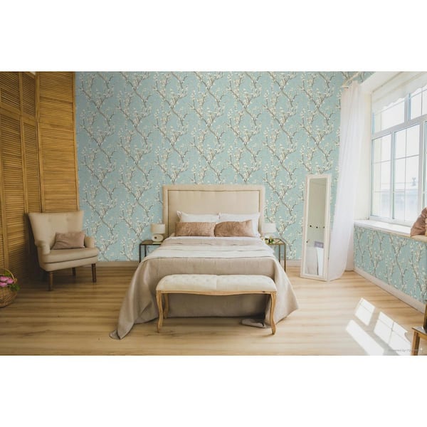 Spring Blossom Collection Sakura Tree Turquoise Matte Finish Non-Pasted Non-Woven Paper Wallpaper Roll