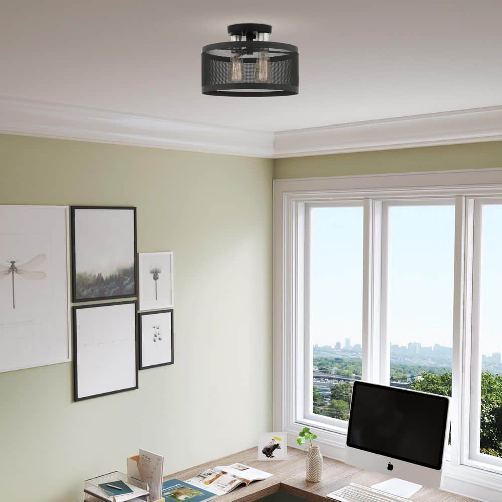 Black and Brushed Nickel 2-Light Drum Semi-Flush Mount