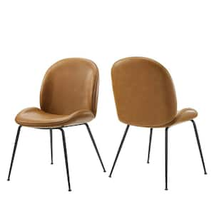 Scoop Black Powder Coated Steel Leg Faux Leather Dining Chairs - Set of 2 in Tan