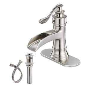 Single Handle Single Hole Waterfall Brass Bathroom Faucet with Drain Kit and Deckplate Included in Brushed Nickel