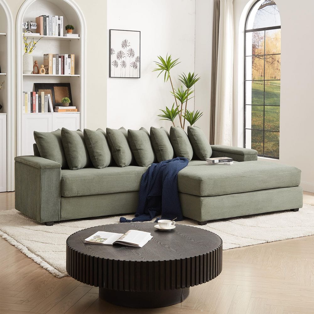 Green 104 in. Oversized Comfy Corduroy L-Shaped 3-Seat Sectional Sofa with 
