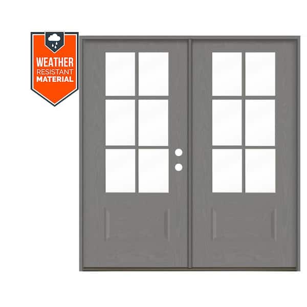 Krosswood Doors Farmhouse 72 in. x 79 in. 6-Lite Left Active Inswing Clear Glass Malibu Grey Stain Double Fiberglass Prehung Front Door