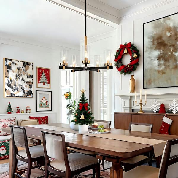 22 in. 5-Light Brass Gold Dining Room Chandelier, Seeded Glass Black Pendant Light, Modern Vintage Linear Chandelier