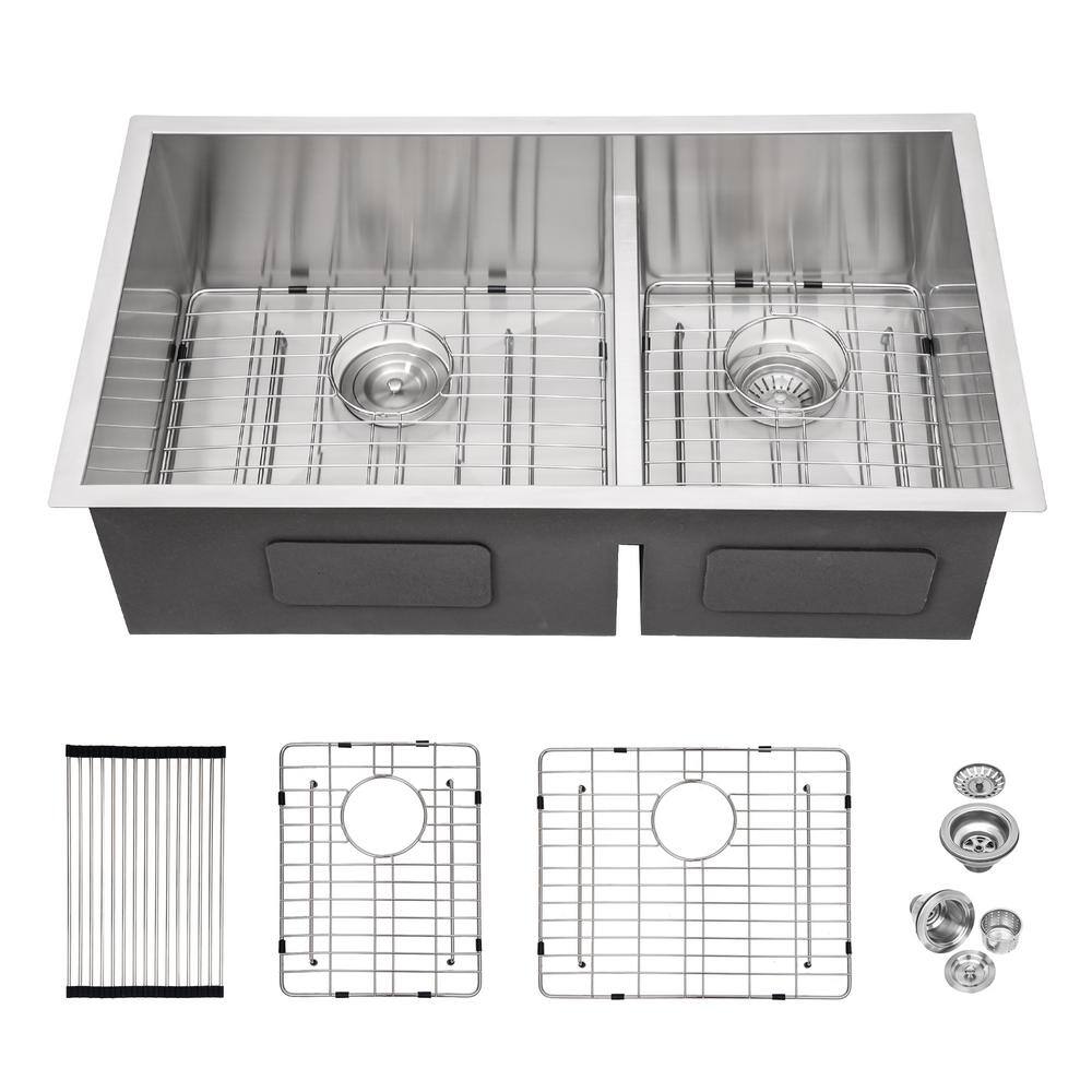 33 in. Undermount Double Bowl(60/40) 16-Gauge Stainless Steel Kitchen Sink with Grid and Strainer -  cadeninc, Lor-LQW1-458