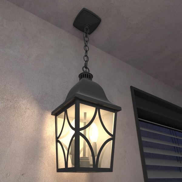 78 in. H 1 Light E12 Outdoor Pendant Light Black Hanging Lantern with Glass Shade Adjustable Chain, No Bulbs Included