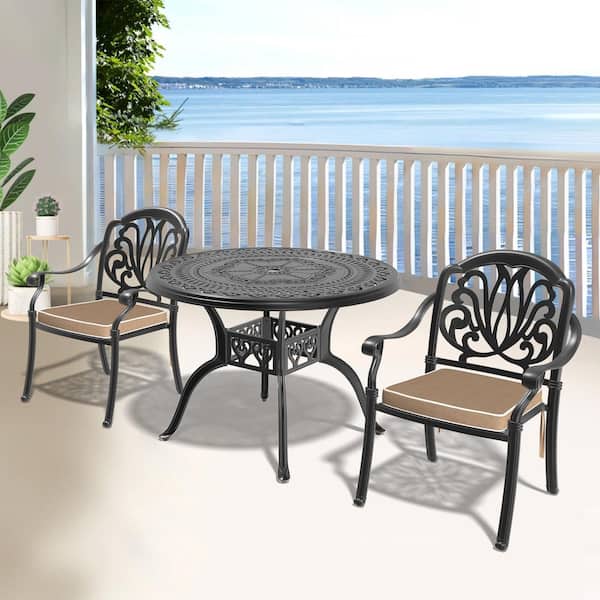 Willit Elizabeth Black 3-Piece Cast Aluminum Outdoor Dining Set with Round Table, Dining Chairs and Random Color Seat Cushion