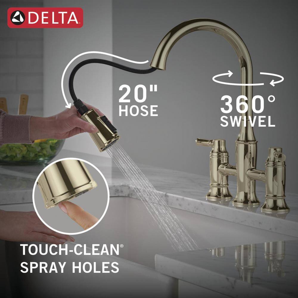 Polished Nickel Double Handle Bridge Kitchen Faucet with Pull-out Spray