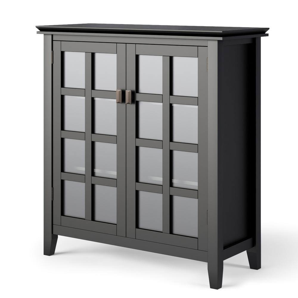 Simpli Home Artisan 38"W Solid Wood 4-Shelf Medium Storage Cabinet with Glass Doors and Adjustable Shelves