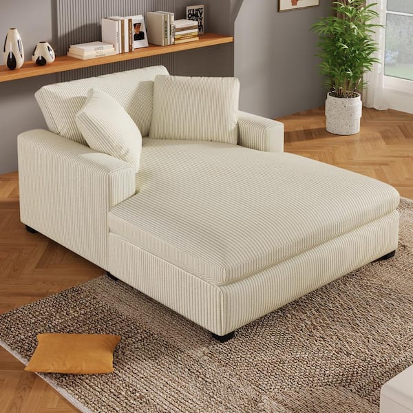 CHRISTOPHER KNIGHT HOME Beige 53.5 in. Corduroy Oversized Squre Arm Chaise Lounge with 2 Pillows and Solid Wood Legs