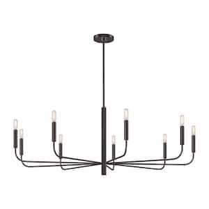 Brianna Wide 9-Light Aged Iron Minimalist Modern Hanging Candlestick Chandelier with Swivel Canopy