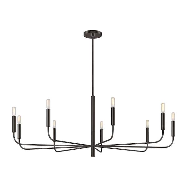 Generation Lighting Brianna Wide 9-Light Aged Iron Minimalist Modern Hanging Candlestick Chandelier with Swivel Canopy