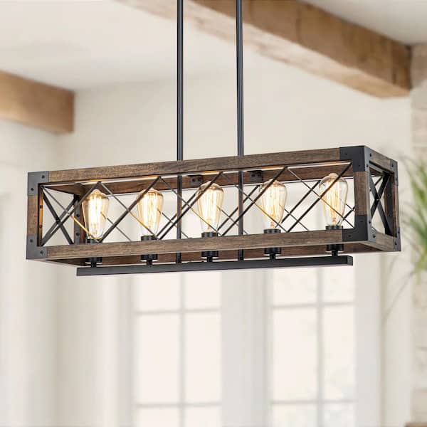Thorne 5-Light Modern Farmhouse Black and Walnut Finish Linear Rectangular Chandelier Island Kitchen Dining Room
