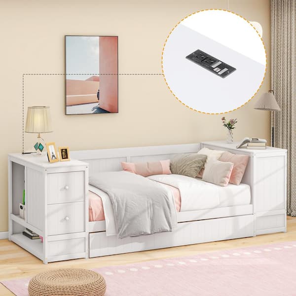Qualler White Twin Size Daybed with Trundle and Charging Station