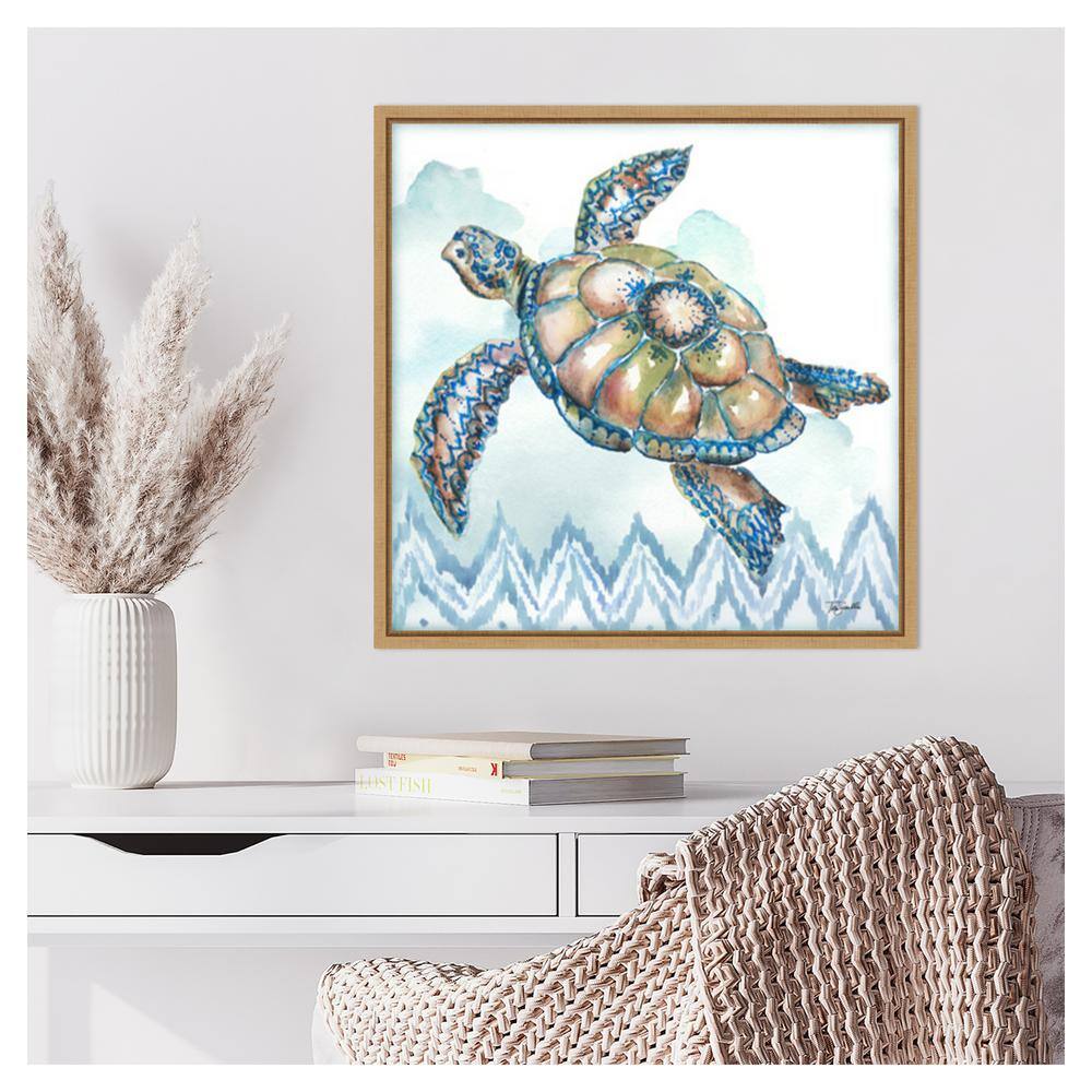 Boho Shells I Sea Turtle Watercolor Canvas Print with Maple Frame