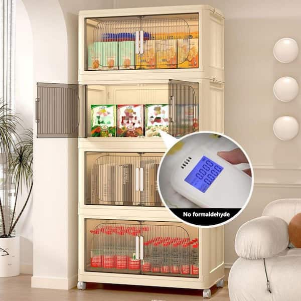 White 40.55 in. H 4 Tiers Folding Collapsible Storage Cabinet with Magnetic Door, Plastic Storage Cabinet with Wheels