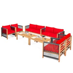 8-Piece Wood Patio Conversation Set Padded Chair with Coffee Table and Red Cushions
