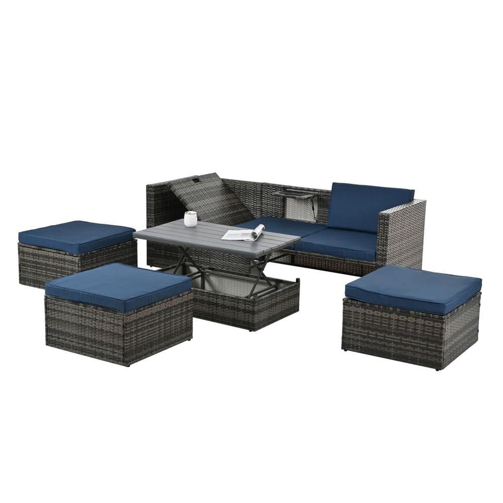 5-Piece Wicker Patio Conversation Set with Blue Cushions and Lift Top Coffe