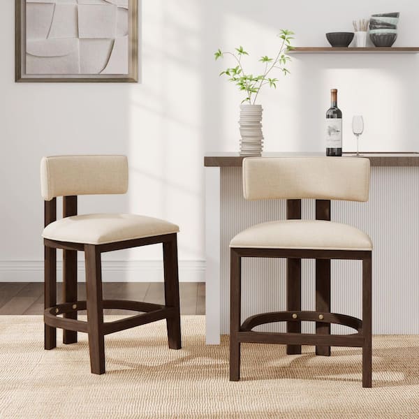 Olga 35.5 in. H Beige+Walnut Wood Frame Counter Height Bar Stool with Polyester Upholstered Set of 2