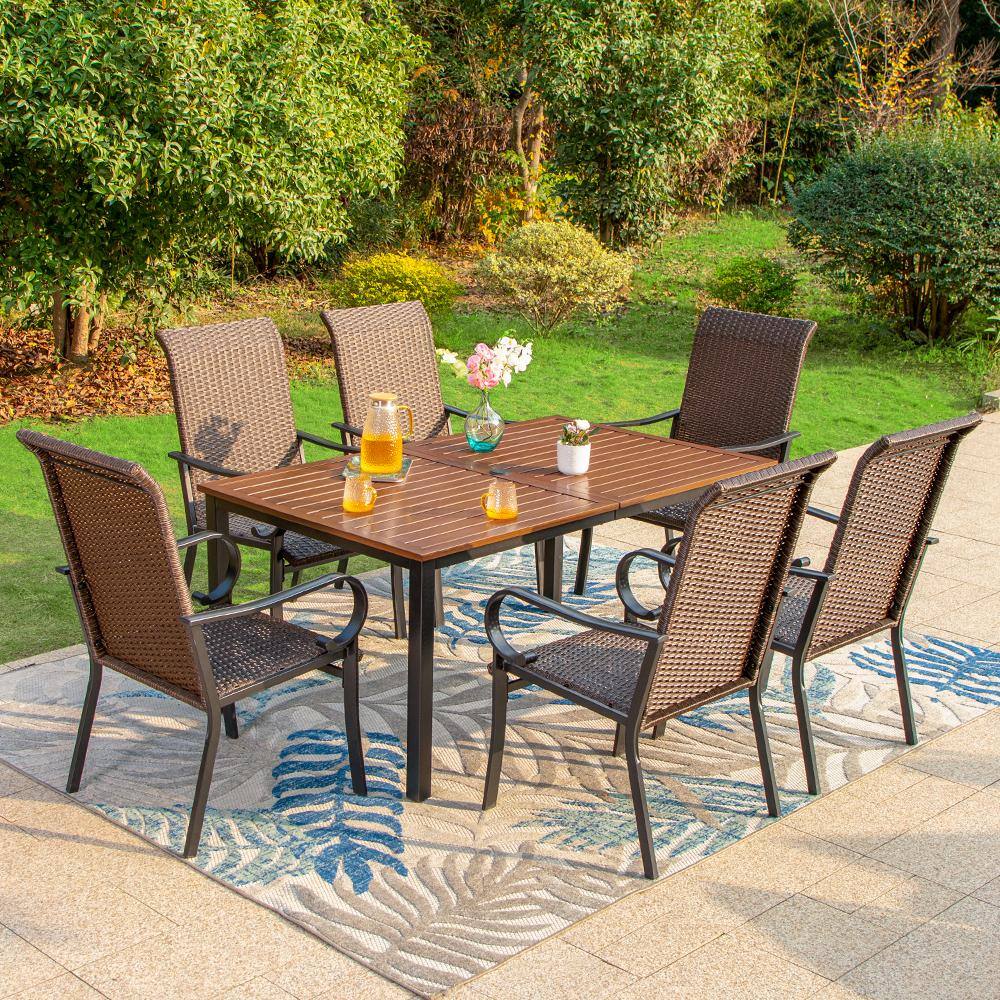 PHI VILLA 7-Piece Metal Outdoor Dining Set with Brown Rectangular Table ...