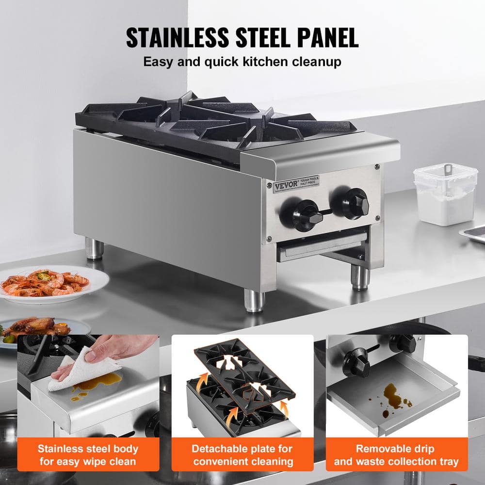 Silver Stainless Steel 2-Burner Gas Cooktop with Manual Ignition