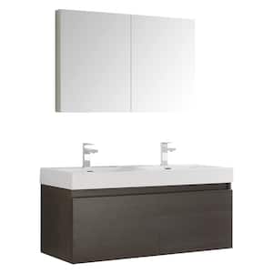 Mezzo 48 in. Vanity in Gray Oak with Acrylic Vanity Top in White with White Basins and Mirrored Medicine Cabinet