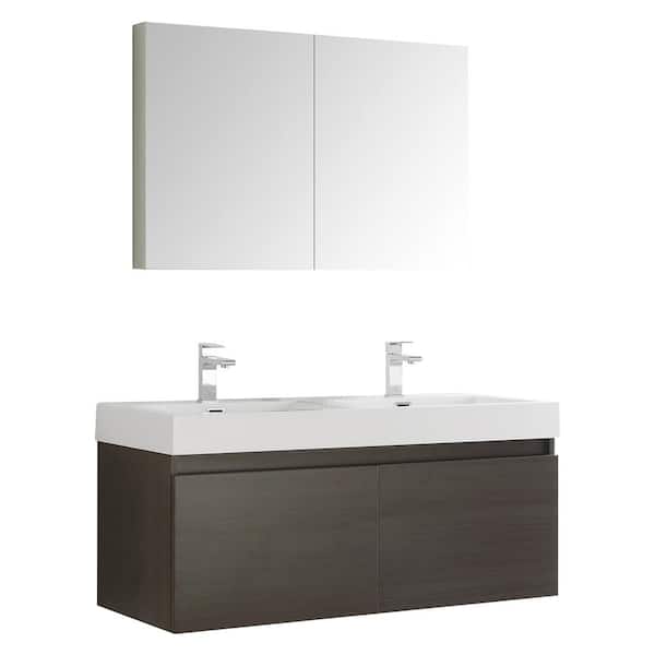 Fresca Mezzo 48 in. Vanity in Gray Oak with Acrylic Vanity Top in White with White Basins and Mirrored Medicine Cabinet