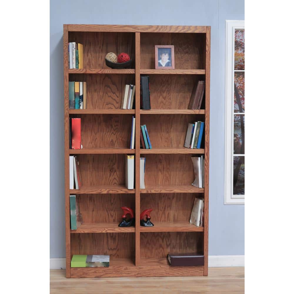 Elegant Dry Oak Adjustable Double Wide Bookcase with 12 Shelves