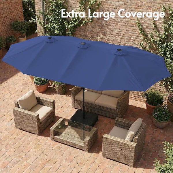 deck and patio umbrellas near calabash nc LAZZO 15 ft. Large Patio Umbrella with LED Lights and Base, Rectangular Triple Shade for Patio Deck Garden in Blue
