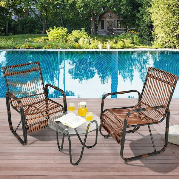 FORCLOVER 3-Piece Wicker Outdoor Bistro Set with Glass Side Table