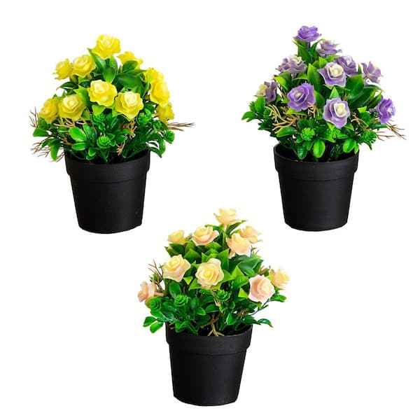 8 in. Multi-Colored Artificial Rose Plant in Black Pot - Set of 3
