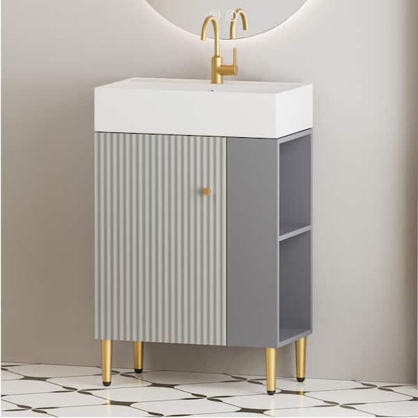 AZDHOME 22 in. W x 12 in. D x 34 in. H Single Sink Bath Vanity in Grey w/ White Ceramic Top and Right Side Open Storage Shelves