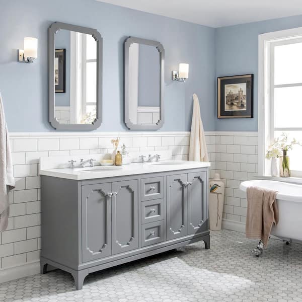 Queen 60 in. Cashmere Grey With Quartz Carrara Vanity Top With Ceramics White Basins