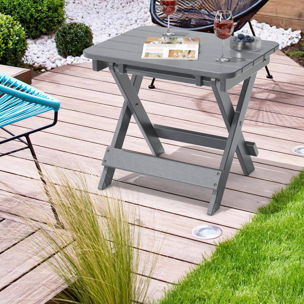 Gray HDPE Folding Outdoor Side Table with Slatted Top