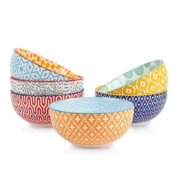 24 fl. oz. Multi- Colored Ceramic Bowls, Set of 6, Soup & Dessert Bowls for Salad, Pasta, Microwave & Dishwasher Safe