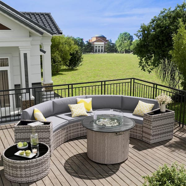 ELPOSUN 8-Piece Wicker Curved Half-Moon Outdoor Patio Conversation Set with Gray Cushions, Coffee Table and Firepit