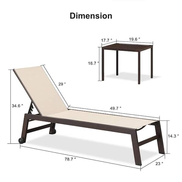 Aluminum Bronze Frame Metal Outdoor Chaise Lounge Patio Lounge Chair with Side Table and Wheels, Marble White