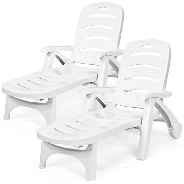 HONEY JOY 2-Piece Plastic Outdoor Chaise Lounge Chair 5-Position Folding Recliner for Beach Poolside Backyard White