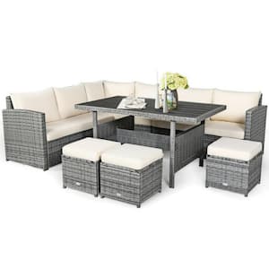 7-Piece Wicker Patio Conversation Set Outdoor Sectional Sofa Set with Beige Cushions and Dining Table