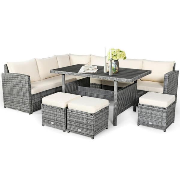 Clihome 7-Piece Wicker Patio Conversation Set Outdoor Sectional Sofa Set with Beige Cushions and Dining Table