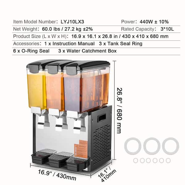 Commercial Beverage Dispenser, 3-Tanks 10 L Each, 440W Stainless Steel, 45°F-54°F Cooling
