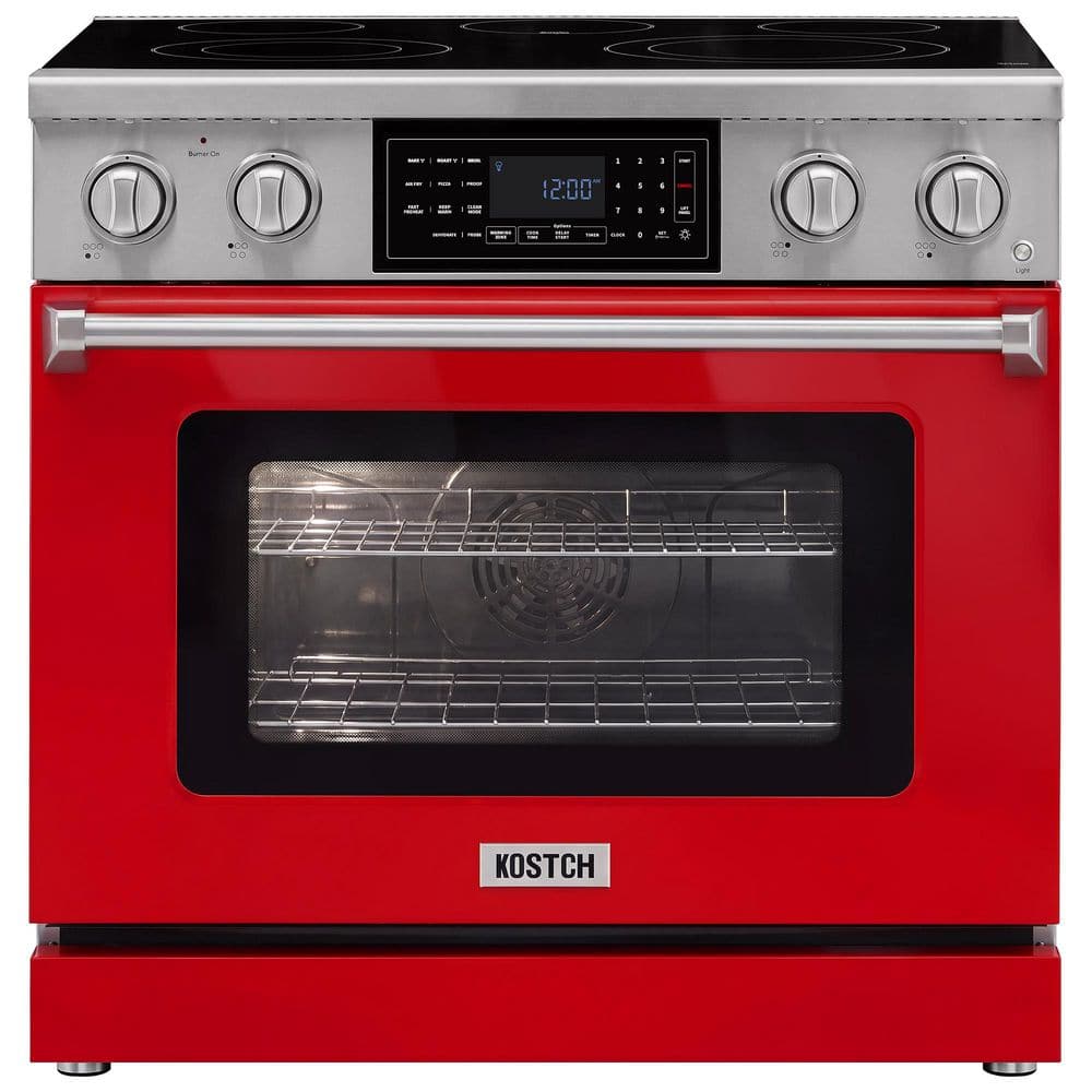 Tilt Panel 36 in. 5 Burner Elements Freestanding Electric Range with 6.2 cu. ft. Air Fry Conv. Oven in Red price history on PriceWatchPro