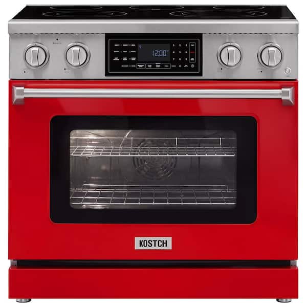 Tilt Panel 36 in. 5 Burner Elements Freestanding Electric Range with 6.2 cu. ft. Air Fry Conv. Oven in Red