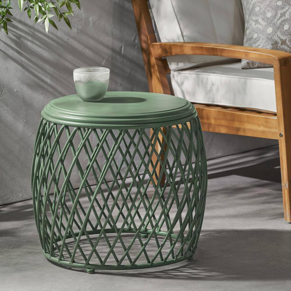 Matte Green 19 Inch Lattice Iron Outdoor Side Table