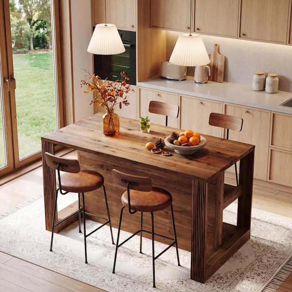 BYBLIGHT Walnut 35.43 in. H Solid Wood Bar Table Seat 4 Farmhouse