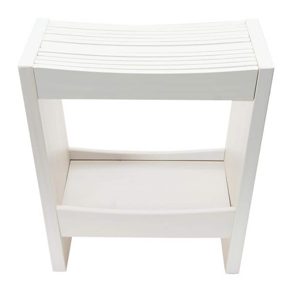 White Solid Wood Footstool with Storage Shelf
